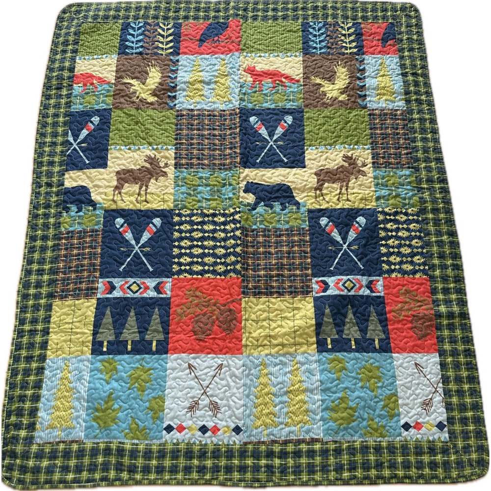 Rustic Lodge Throw Quilt Blanket – Moose, Bear, Fox, Cabin Theme – 60" x 48"